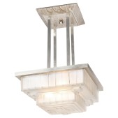 IQ4298 ART DECO CHANDELIER IN SKYSCRAPER FROSTED GLASS & SILVERED BRONZE SIGNED SABINO