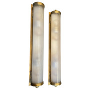 IQ4353 WONDERFUL LARGE PAIR VINTAGE VAUGHAN BRONZE CURVED FROSTED GLASS LANTERN SCONCES